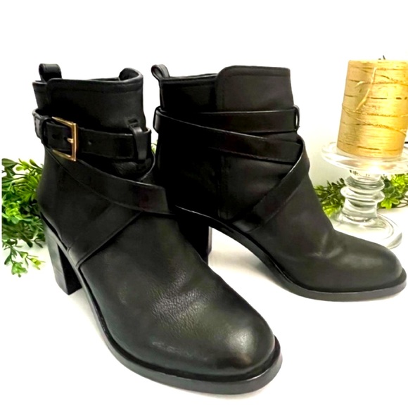 Tory Burch Shoes - Tory Burch Black Leather Ankle Booties with Gold Buckles Size 9